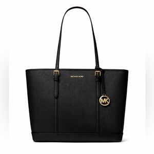 Michael Kors Jet Set Black Saffiano Leather Tote Bag Gold accents Work Purse